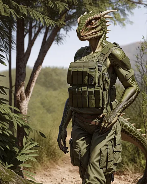 anthro, argonian, solo, female, adult, bulletproof vest, military pants, realistic scales, detailed background, wilderness background, realistic, photorealistic, ultra realistic, 8k,