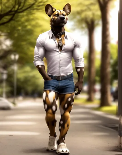 anthro (african wild dog), adult, solo, collar, necklace, athletic, shorts, walking, hand in pocket, shirt, open shirt, balls, tail, (realistic fur:1.4), (detailed fur:1.6), veiny muscles, detailed background, park background, photorealistic, hyperrealistic, ultradetailed, professional photography, hdr, dslr, 3d, lifelike,