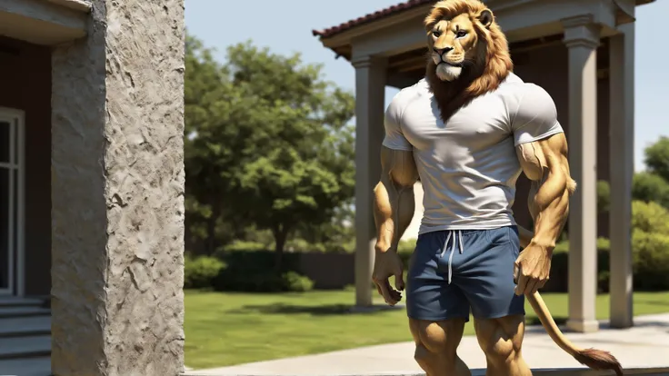 anthro, lion, (realistic fur, fur, realistic fur texture:1), three-quarter portrait, standing, adult, male, solo, muscular, veiny muscles, t-shirt, shorts, tail, detailed background, outdoor background, photorealistic, hyper realistic, ultra detailed,