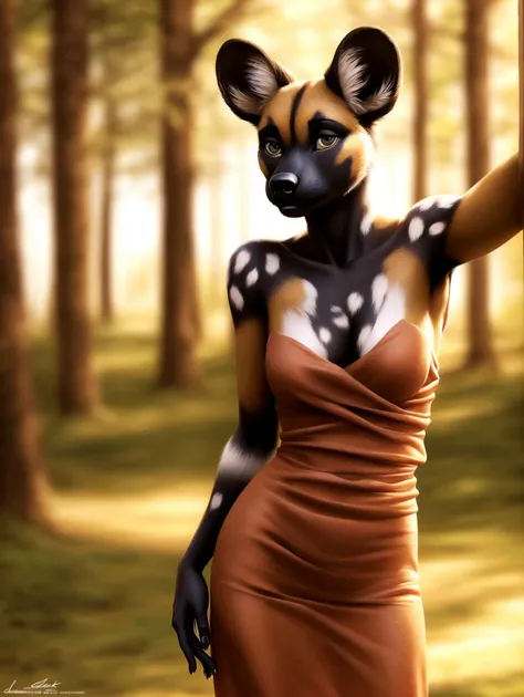 anthro african wild dog, solo, female, adult, dress, seductive pose, (realistic fur, detailed fur texture:1.2), detailed background, wilderness background, photorealistic, hyperrealistic, ultradetailed, professional photography, hdr, dslr, 3d, lifelike