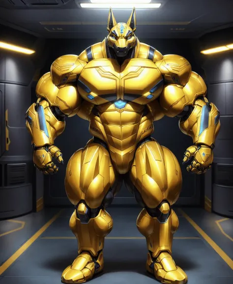 anubis, male, hyper muscle, huge muscles, golden power armor, gold, armored, heavy armor, futuristic, science fiction, amor, chest armor, cybernetic body, synthetic muscles, cybernetic limbs, prosthetic limbs, robot, cyborg, cybernetic arms, cybernetic legs,