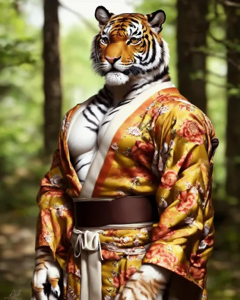 anthro (tiger), male, adult, muscular, kimono, (realistic fur, detailed fur texture:1.2), detailed background, wilderness background, photorealistic, hyper realistic, ultra detailed,