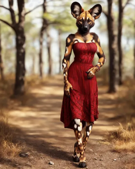 anthro (african wild dog), solo, female, adult, red dress, (realistic fur, detailed fur texture:1.2), detailed background, wilderness background, photorealistic, hyper realistic, ultra detailed,