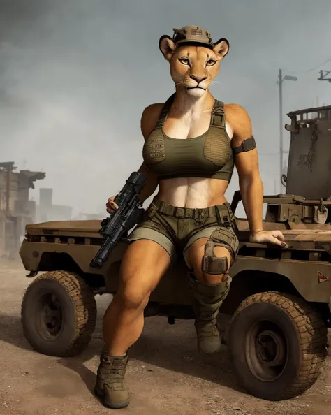 anthro soldier woman (lioness), solo, female, adult,(realistic fur, detailed fur texture:1.2), cyberpunk, breasts, wearing military shorts a translucent sports bra and a modern army helmet (holding a gun), sitting on a rusty dieselpunk car, detailed background, post apocalyptic background, overgrown city ruins, photorealistic, hyper realistic, ultra detailed, skimpy, sweat, smiling, visible teeth, warzone, shooting in the air