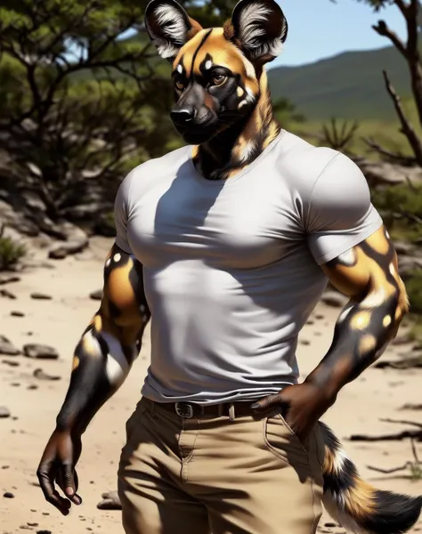 anthro (african wild dog), male, adult, muscular, pants, t-shirt, (realistic fur, detailed fur texture:1.2), detailed background, wilderness background, photorealistic, hyper realistic, ultra detailed,