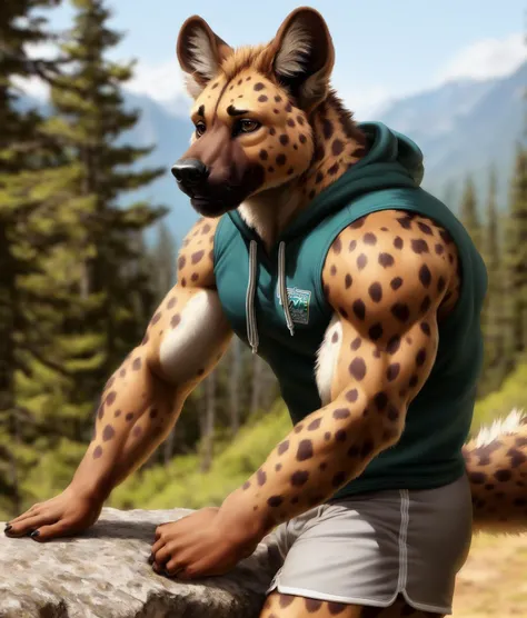 anthro (hyena), (detailed thick fur, detailed fur texture:1.2), crossing arm, adult, male, muscular, solo, hoodie, shorts, tail, detailed background, wilderness background, photorealistic, hyper realistic, ultra detailed,