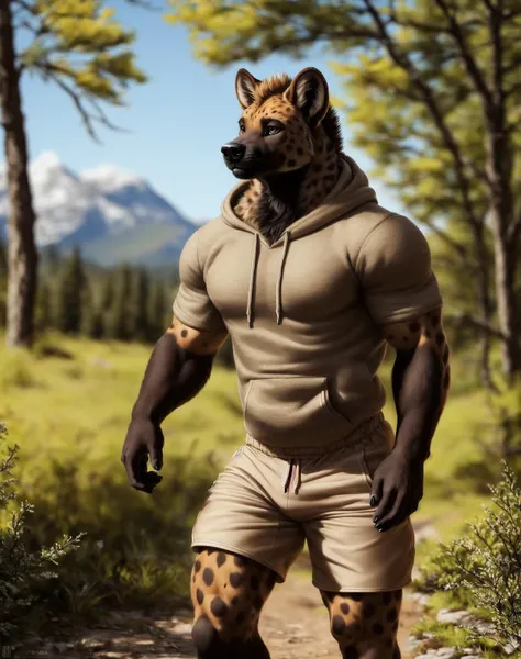 anthro (hyena), (detailed fur, detailed fur texture:1.2), adult, male, muscular, solo, shorts, hoodies, tail, detailed background, wilderness background, photorealistic, hyper realistic, ultra detailed,