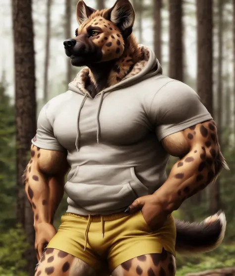 anthro (hyena), (detailed thick fur, detailed fur texture:1.2), crossing arm, adult, male, muscular, solo, hoodie, shorts, tail, detailed background, wilderness background, photorealistic, hyper realistic, ultra detailed,