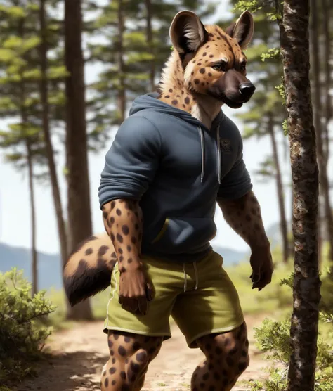 anthro (hyena), (detailed thick fur, detailed fur texture:1.2), crossing arm, adult, male, muscular, solo, hoodie, shorts, tail, detailed background, wilderness background, photorealistic, hyper realistic, ultra detailed,