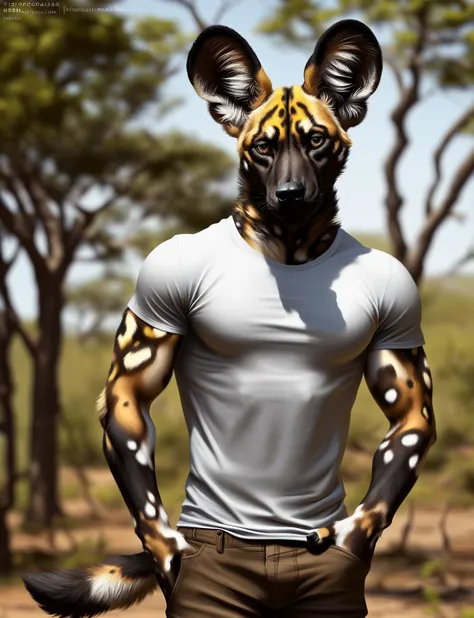 anthro (african wild dog), male, adult, muscular, pants, t-shirt, (realistic fur, fur, realistic fur texture:1), detailed background, wilderness background, photorealistic, hyper realistic, ultra detailed,