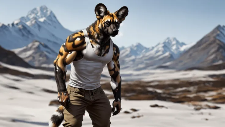 anthro, african wild dog, (realistic fur, fur, realistic fur texture:1), three-quarter portrait, standing, adult, male, solo, muscular, veiny muscles, tank top, pants, tail, detailed background, snowy mountain background, photorealistic, hyper realistic, ultra detailed,