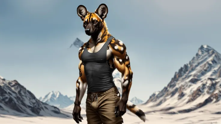 anthro, african wild dog,  (realistic fur, fur, realistic fur texture:1), three-quarter portrait, standing, adult, male, solo, muscular, veiny muscles, tank top, pants, tail, detailed background, snowy mountain background, photorealistic, hyper realistic, ultra detailed,
