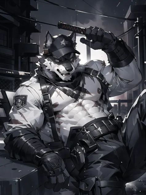 masterpiece,best quality, furry, kemono, black and white skin, two-tone skin, [wolf|tiger], solo, male, mature, manly, tail, musclar, photorealistic, 8k, (wide dynamic range, hdr:1.2), tail, digital painting \(artwork\), by (by Pino Daeni, (by ruaidri), yupa, kiyosan), (starbuck), urbansamurai, white techwear, (cowboy shot:1.2), close-up, street, outdoors, trousers with red buckle and tape, (topless male:1.2), looking at viewer, straight-on, on back, lying, pose, badge, scar, large pectorals, abs, night, city lights, dramatic lighting, rain, neon trim, katana, wet, (baseball cap:0.8), open mouth,<lora:animemalet:0.2>, <lora:NijiExpressV2:0.2>, <lora:urbansamuraiv3testing:0.5>