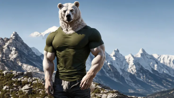 anthro, white bear, (realistic fur, fur, realistic fur texture:1), three-quarter portrait, standing, adult, male, solo, muscular, veiny muscles, pants, t-shirt, tail, detailed background, mountain background, photorealistic, hyper realistic, ultra detailed,