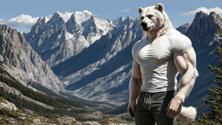 anthro, white bear, (realistic fur, fur, realistic fur texture:1), three-quarter portrait, standing, adult, male, solo, muscular, veiny muscles, pants, t-shirt, tail, detailed background, mountain background, photorealistic, hyper realistic, ultra detailed,