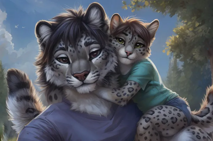 close-view family portrait,anthro kindly snow leopard mother and father is holding small cute cubs in arms and looking at him,size different,detailed fluffy fur,(by ruaidri, Michael & Inessa Garmash, Ruan Jia, Pino Daeni),impasto impressionism,detailed face,(fluffy) (short hair),slightly chubby,sitting,detailed feline face,detailed narrowed eyes,t-shirt,short pants,smile,lovely,summer,unseen body,group,(by kenket:0.7),realistic fur,real,detailed,(detailed fur,fluffy,fluffy body:1.2),detailed eyes,detailed face,furry,best quality,professional photo,photorealism,high quality,volumetric,ray tracing,HDR,4K,8k,absurd res,max shading,((masterpiece)),