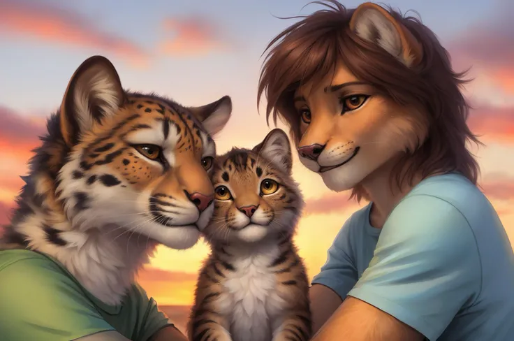(Photoshopped Photo:1.3) of (Realistic:1.3) close-view family portrait,anthro kindly leopard mother and father is holding small cute cubs in arms and looking at him,size different,detailed fluffy fur,(by ruaidri, Michael & Inessa Garmash, Ruan Jia, Pino Daeni),impasto impressionism,detailed face,(fluffy) (short hair),slightly chubby,sitting,detailed feline face,detailed narrowed eyes,t-shirt,short pants,smile,lovely,summer,unseen body,Highly Detailed,(by kenket:0.7),realistic fur,real,detailed,(detailed fur,fluffy,fluffy body:1.2),detailed eyes,detailed face,furry,best quality,professional photo,photorealism,high quality,volumetric,ray tracing,HDR,4K,8k,absurd res,max shading,((masterpiece))