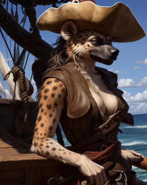anthro, hyena, solo, female, adult, pirate, on pirate ship, sea, pirate hat, clothed, (realistic fur, fur, realistic fur texture:1), detailed background, sea background, photorealistic, hyper realistic, ultra detailed,
