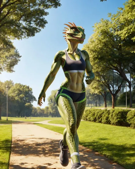 anthro, argonian, solo, female, adult, running, gym clothing, realistic scales, detailed background, parks background, realistic, photorealistic, ultra realistic, 8k,