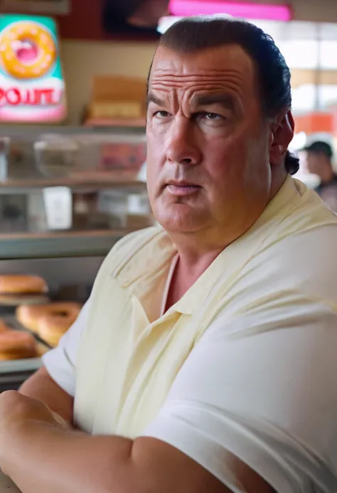 cinematic head and shoulder portrait,Steven Segal Man ordering several donuts inside a donut shop,plump,obese,biker_clothes,high quality photography,serious,<lora:Segal-V1:1>,4k resolution,DLSR,Canon EOS R3,