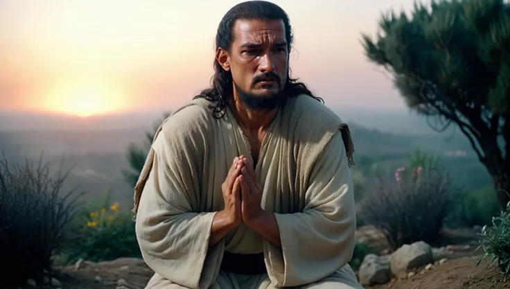 <lyco:Segal_SDXL_V2:1.1> (8k, analog movie still, highest quality, natural lighting, photorealistic, realistic, masterpiece, intricate, sharp focus, blurred background, gritty, brutal), (a bearded steven segal man as Jesus Christ is kneeling and praying:1.5), (Garden of Gethsemane:1.5), (movie still from the infamous Cannon Film production "Jesus: Marked for Death":1.2), (Jesus trilogy:1.2), (dressed in a simple shroud:1.5), (absolutely sure that he will get an Oscar for this role as the best Jesus Christ ever:2), (convinced that he could write a better New Testament:2), (charismatic:1.5), (unbelievably humble:1.5), (fully aware that he can kill you with one punch:1.5), (awe-inspiring:1.5), (sublime:1.5), (epic:1.5), (awesome:1.5), (perfect body:1.5), (detailed face:1.5), (beautiful eyes:1.3), (incredibly intense stare:1.5),  (dramatic facial expression:1.2), (incredibe performance:1.5), (expressive posture:1.5), (better than Ben Kingsley:1.5), (reflective:1.5), (sunset:1.5), (foggy:1.2)