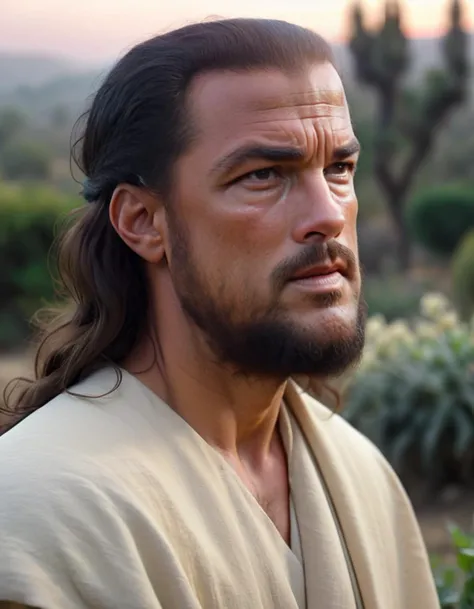 <lyco:Segal_SDXL_V2:1.1> (8k, highest quality, natural lighting, photorealistic, realistic, masterpiece, intricate, sharp focus, blurred background, brutal), (portrait of a bearded steven segal man as Jesus Christ:1.5), (standing in the Garden of Gethsemane:1.5), (dressed in a simple shroud:1.5), (absolutely sure that he will get an Oscar for this role as the best Jesus Christ ever:2), (convinced that he could write a better New Testament:2), (charismatic:1.5), (unbelievably humble:1.5), (fully aware that he can kill you with one punch:1.5), (awe-inspiring:1.5), (sublime:1.5), (epic:1.5), (awesome:1.5), (perfect body:1.5), (detailed face:1.5), (beautiful eyes:1.3), (incredibly intense stare:1.5), (reflective:1.5), (sunset:1.5), (foggy:1.2)