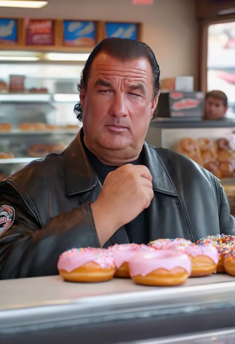 cinematic head and shoulder portrait,Steven Segal Man ordering several donuts inside a donut shop,plump,obese,biker_clothes,high quality photography,serious,<lora:Segal-V1:1>,4k resolution,DLSR,Canon EOS R3,