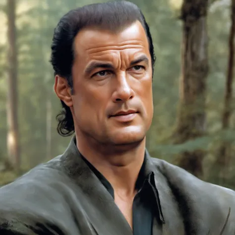 portrait of steven segal man, forest with lake in the background, high quality, handsome, action pose, detailed, fantasy setting 