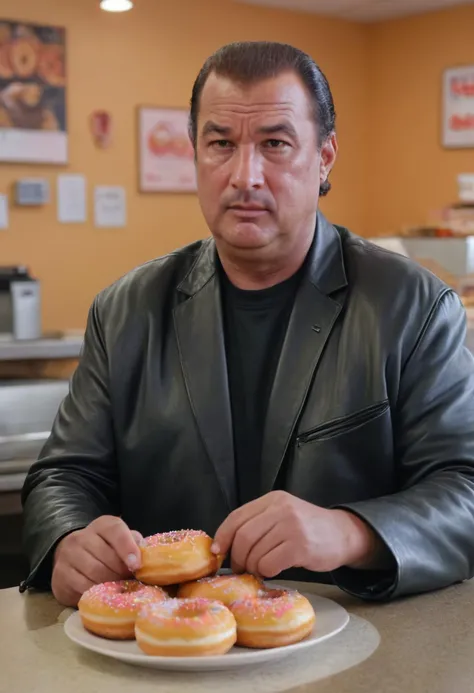 cinematic head and shoulder portrait,Steven Segal Man ordering several donuts inside a donut shop,plump,obese,biker_clothes,high quality photography,serious,<lora:Segal-V1:1>,4k resolution,DLSR,Canon EOS R3,