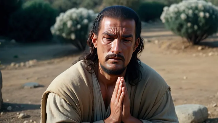 <lyco:Segal_SDXL_V2:1.1> (8k, analog still, highest quality, natural lighting, photorealistic, realistic, masterpiece, intricate, sharp focus, blurred background, gritty, brutal), (a bearded steven segal man as Jesus Christ is kneeling and praying:1.5), (Garden of Gethsemane:1.5), (moviel from the infamous Cannon Film production "Jesus: Marked for Death":1.2), (Jesus trilogy:1.2), (dressed in a simple shroud:1.5), (absolutely sure that he will get an Oscar for this role as the best Jesus Christ ever:2), (convinced that he could write a better New Testament:2), (charismatic:1.5), (unbelievably humble:1.5), (fully aware that he can kill you with one punch:1.5), (awe-inspiring:1.5), (sublime:1.5), (epic:1.5), (awesome:1.5), (perfect body:1.5), (detailed face:1.5), (beautiful eyes:1.3), (incredibly intense stare:1.5), (dramatic facial expression:1.2), (incredibe performance:1.5), (expressive posture:1.5), (better than Ben Kingsley:1.5), (reflective:1.5), (sunset:1.5), (foggy:1.2)
