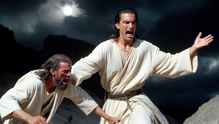 <lyco:Segal_SDXL_V2:1.1> <lora:fight:0.7> (8k, analog movie still, highest quality, natural lighting, photorealistic, realistic, masterpiece, intricate, sharp focus, blurred background, gritty, brutal), 1boy, 1girl, (a bearded steven segal man as Jesus Christ fighting an emaciated and terrifying female Satan during an eery night:2), (an emaciated and terrifying female Satan is screaming in an aggressive posture, her torn robe fluttering in the wind:1.5), (Temptation of Christ:1.5), (dynamic scene on a rocky precipice in the desert during a storm:2), (an orcan blowing up dust:2), (movie still from the infamous Cannon Film production "Jesus: Marked for Death":1.2), (Jesus trilogy:1.2), (dressed in a simple shroud:1.5), (absolutely sure that he will get an Oscar for this role as the best Jesus Christ ever:2), (convinced that the New Testament needs more action scenes:2), (charismatic:1.5), (unbelievably humble:1.5), (ready to knock her teeth out:1.5), (awe-inspiring:1.5), (sublime:1.5), (epic:1.5), (awesome:1.5), (perfect body:1.5), (detailed face:1.5), (beautiful eyes:1.3), (incredibly intense stare:1.5),  (dramatic facial expression:1.2), (battle:1.5), (combat:1.5), (dynamic movement:2), (expressive posture:1.5), (better than Ben Kingsley:1.5), (eery atmosphere:1.5), (frightening atmosphere:1.5), (night:2), (full moon:1.5), (foggy:1.2), enterthematrix