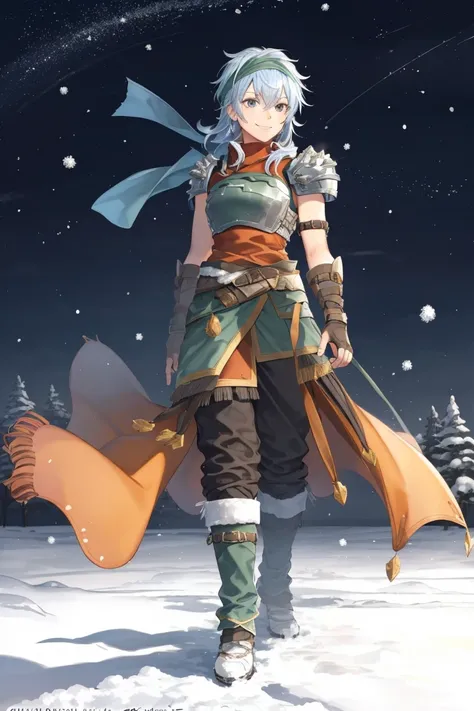 <lora:Echidna_FE-10:0.8>  echidna fe, 1girl, solo, looking at viewer, night sky, beautiful detailed snow, (glow_white_particles), winter, (falling snow), gloves, full body, belt, fingerless gloves, armor, headband, smile, shoulder armor, pauldrons, bandana, pants, boots