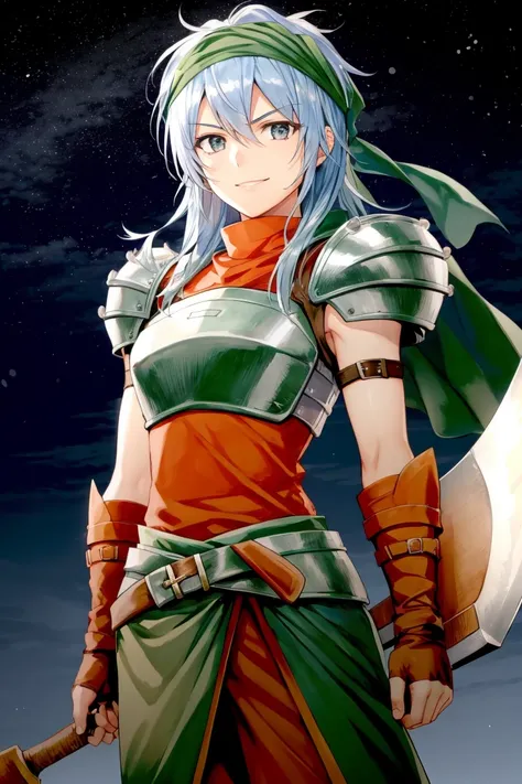 <lora:Echidna_FE-10:0.6> echidna fe, 1girl, solo, looking at viewer, night sky, dramatic lighting, intimidating, gloves, standing, upper body, belt, fingerless gloves, armor, headband, smile, shoulder armor, pauldrons, bandana, axe, hatchet