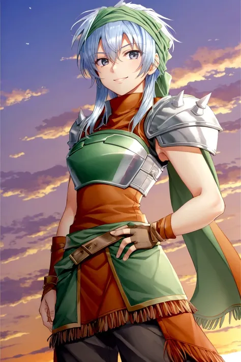 <lora:Echidna_FE-10:0.8> echidna fe, 1girl, solo, looking at viewer, sunset, gloves, standing, cowboy shot, belt, fingerless gloves, armor, headband, smile, shoulder armor, pauldrons, bandana