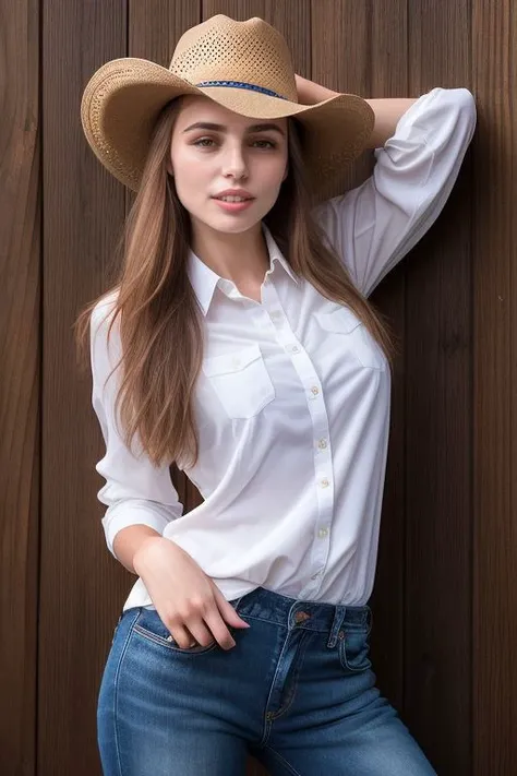 DEN_elle_tan,
country beauty posing against a wooden fence with a plaid shirt and jeans and a cowboy hat, cow girl, country girl, cow girl,
bokeh, f1.4, 40mm, photorealistic, raw, 8k, textured skin, skin pores, intricate details <lora:epi_noiseoffset2:1>, epiCRealism <lora:ClothingAdjuster3:-0.8>
