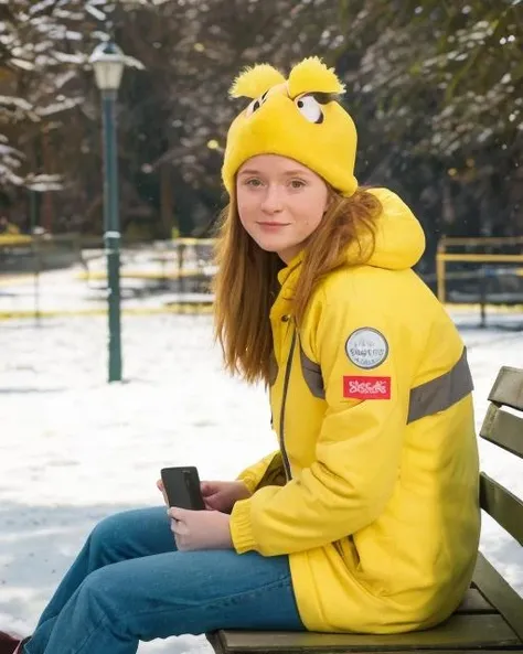 close up color photo,20 years old woman cmbksasabckv sitting on bench,wearing yellow chicken costume,serious,in park,in winter,highly detailed background,Fujifilm XT3,analog style <lora:SasaComeback_v1_1204_epic_cmbkssnkb-000260:0.85>