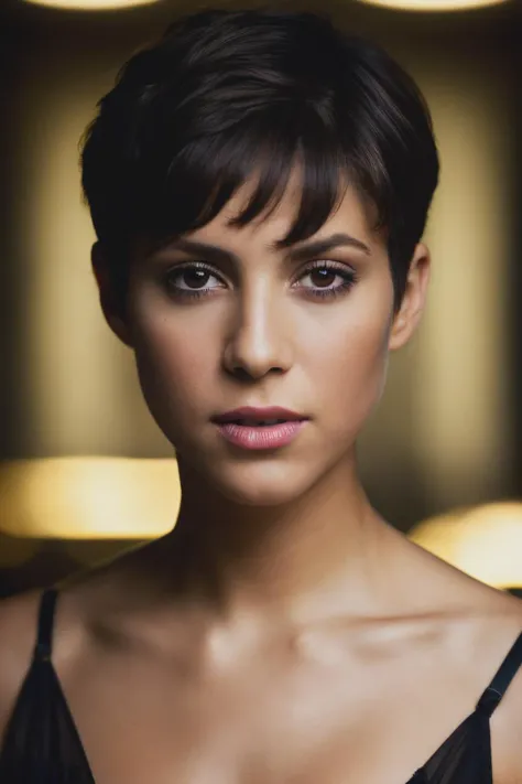 photoshoot of sha, (dirty brown hair), (pixie cut), , detailed skin texture, (blush:0.2), (goosebumps:0.3), (light black dress), subsurface scattering, Photorealistic, Hyperrealistic, Hyperdetailed, analog style, hip cocked, demure, detailed skin, matte skin, soft lighting, subsurface scattering, realistic, heavy shadow, masterpiece, best quality, ultra realistic, 8k, golden ratio, Intricate, High Detail, film photography, soft focus, <lyco:Shakira-RealVision-V1.0:1.0>