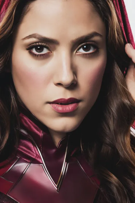 up close photo of sha dressed up as Scarlet Witch costume , high quality, masterpiece, <lyco:Shakira-RealVision-V1.0:1.0>