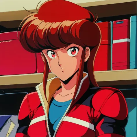 A close up of a woman in a red jacket and blue shirt - SeaArt AI