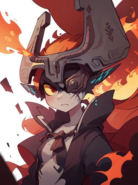 (masterpiece, best quality:1.2), <lora:tloz_midna-10:1.1>, solo, 1girl, midnaimp, helmet, colored sclera, yellow sclera, one eye covered, angry, scar on face, scar, fiery hair, fire,