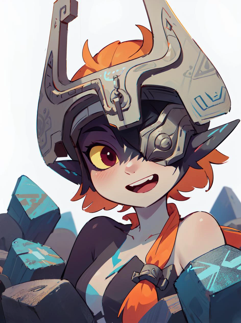 (masterpiece, best quality:1.2), <lora:tloz_midna-10:1>, solo, 1girl, (midnaimp), grey face, helmet, colored sclera, yellow sclera, one eye covered, open mouth smile, closeup, bare shoulders, stone temple background