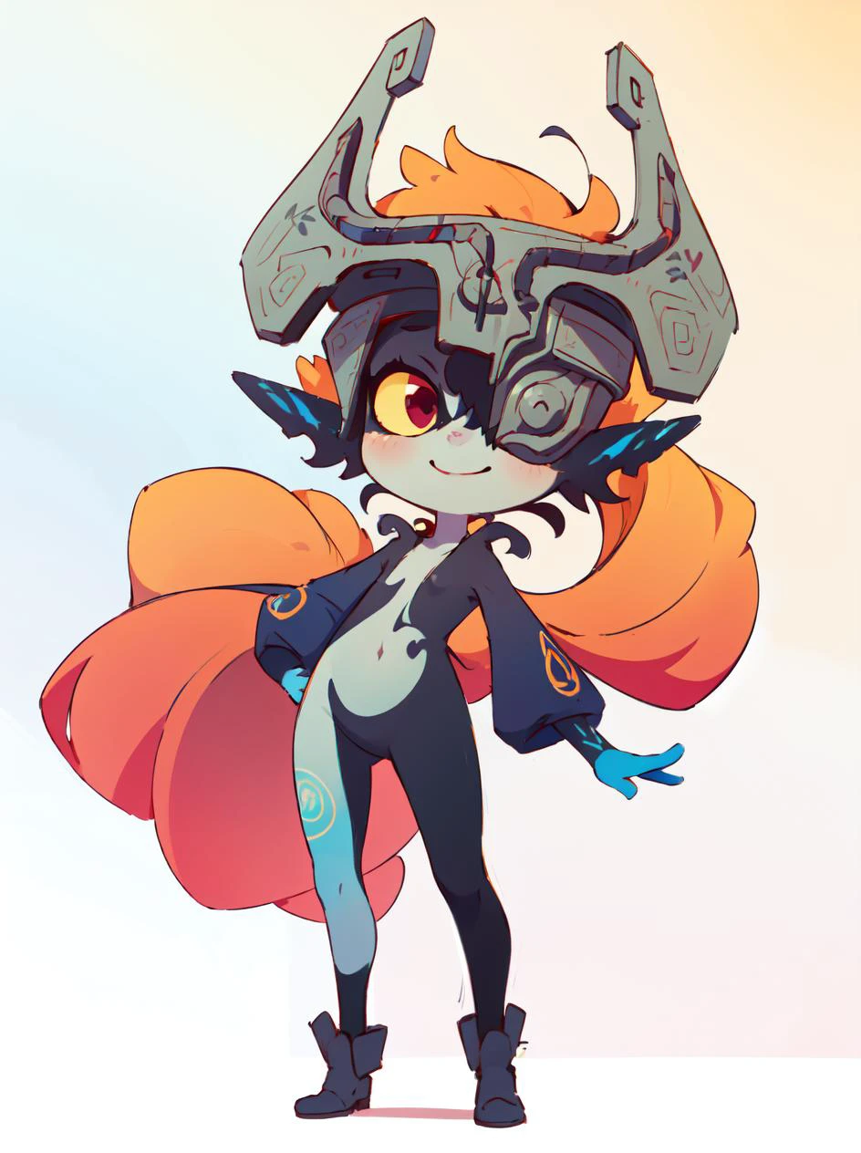 (masterpiece, best quality:1.2), <lora:tloz_midna-10:1>, solo, 1girl, midnaimp, helmet, colored sclera, yellow sclera, one eye covered, cute smile, standing, (from below, ), gradient background,
