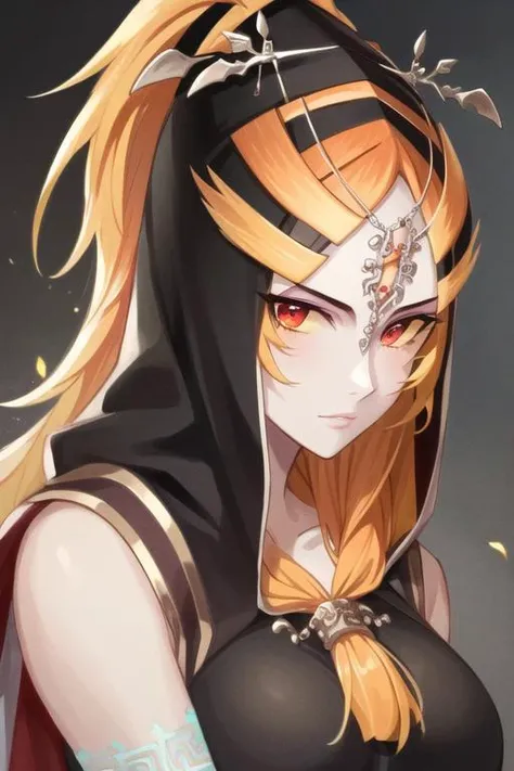((best quality)), ((highly detailed)), masterpiece, extremely detailed face, beautiful face, (detailed eyes, deep eyes), (1girl), (full body), <lora:tloz_midna:1>, midnatrue, long hair, front ponytail, hood, orange hair, red eyes, colored sclera, yellow sclera, jewelry