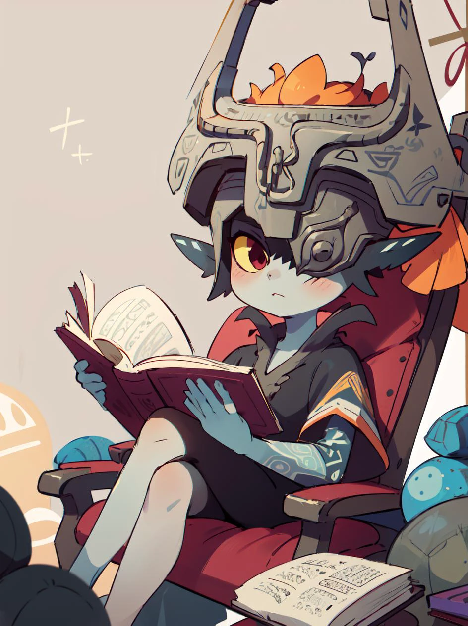 (masterpiece, best quality:1.2), <lora:tloz_midna-10:1>, solo, 1girl, (midnaimp), grey face, helmet, colored sclera, yellow sclera, one eye covered, reading a book, sitting on chair, closeup, stone temple background