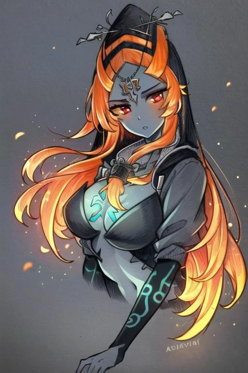 ((best quality)), ((highly detailed)), masterpiece, detailed face, beautiful face, (detailed eyes, deep eyes), (1girl), (full body), <lora:tloz_midna:1>, midnatrue, blue colored skin, long hair, front ponytail, hood, orange hair, red eyes, colored sclera, yellow sclera, jewelry, large breasts, inside of a gloomy castle in a dark forest, <lora:glowingArt_v10:1>, glowart:1, glowing, sketch, drawing, sparks