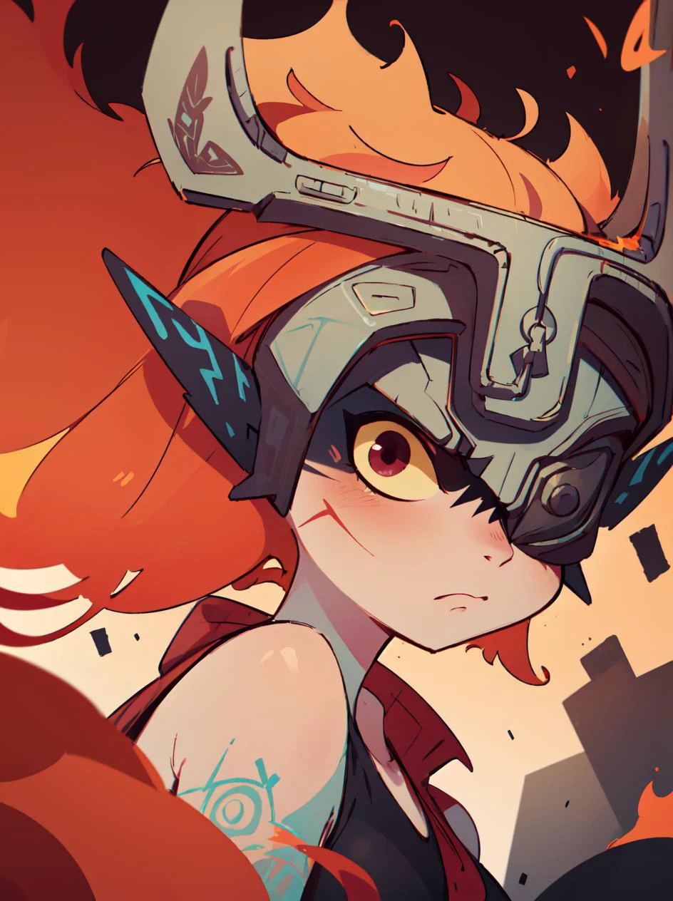 (masterpiece, best quality:1.2), <lora:tloz_midna-10:1>, solo, 1girl, (midnaimp), helmet, colored sclera, yellow sclera, one eye covered, angry, scar on face, scar, closeup, bare shoulders, fiery hair, fire,