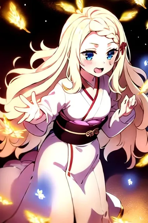 1girl,blonde hair,blue eyes,long hair,blush,braid,wavy hair,hair ornament,<lora:TsukiokaLucy1:1>,small breast,excited,uchikake (wedding kimono),Pretending to run from a swarm of bees,