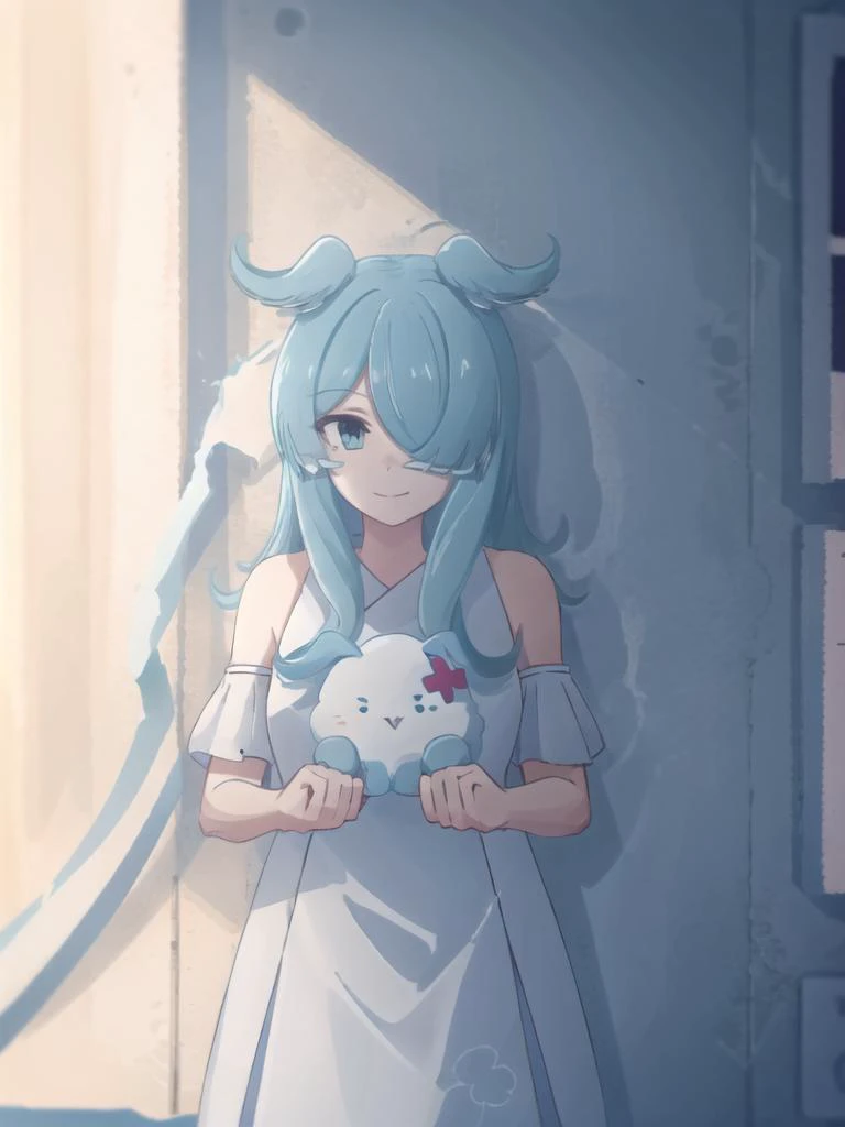 <lora:elira_pandora_vtuber_v1:1>elira, 1girl, solo, long hair, looking at viewer, smile, bangs, blue eyes, blue hair, detached sleeves, virtual youtuber, hair over one eye, head wings, one eye covered, open hands