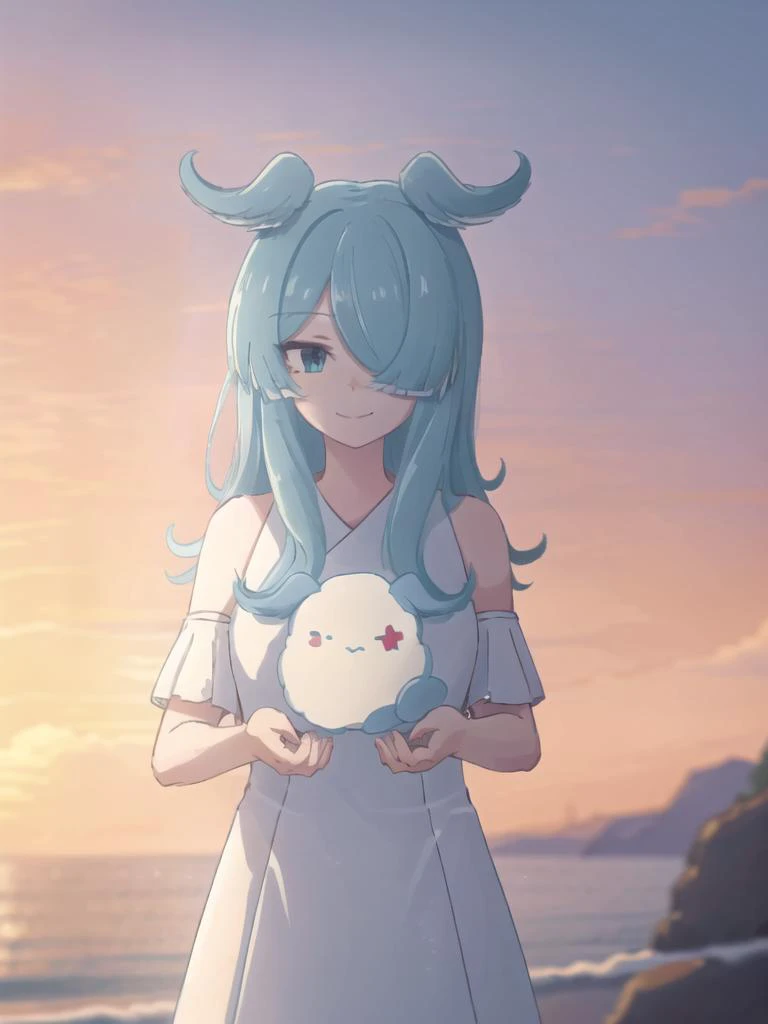 <lora:elira_pandora_vtuber_v1:1>elira, 1girl, solo, long hair, looking at viewer, smile, bangs, blue eyes, blue hair, detached sleeves, virtual youtuber, hair over one eye, head wings, one eye covered, open hands