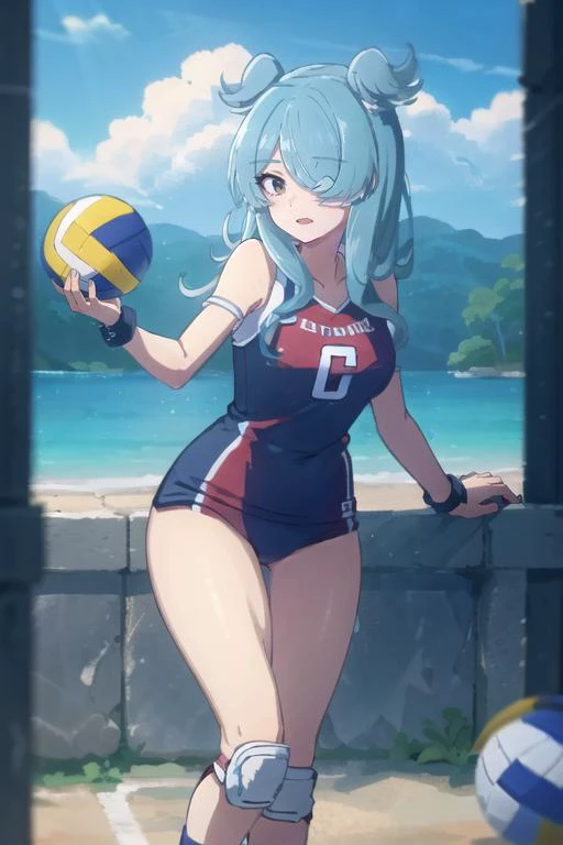 <lora:elira_pandora_vtuber_v1:1>elira,cover eye,volleyball,volleyball suit